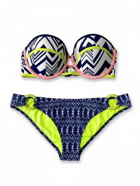 NWOT Victoria's Graphic Print Strapless Bikini in Navy, Lime and Pink